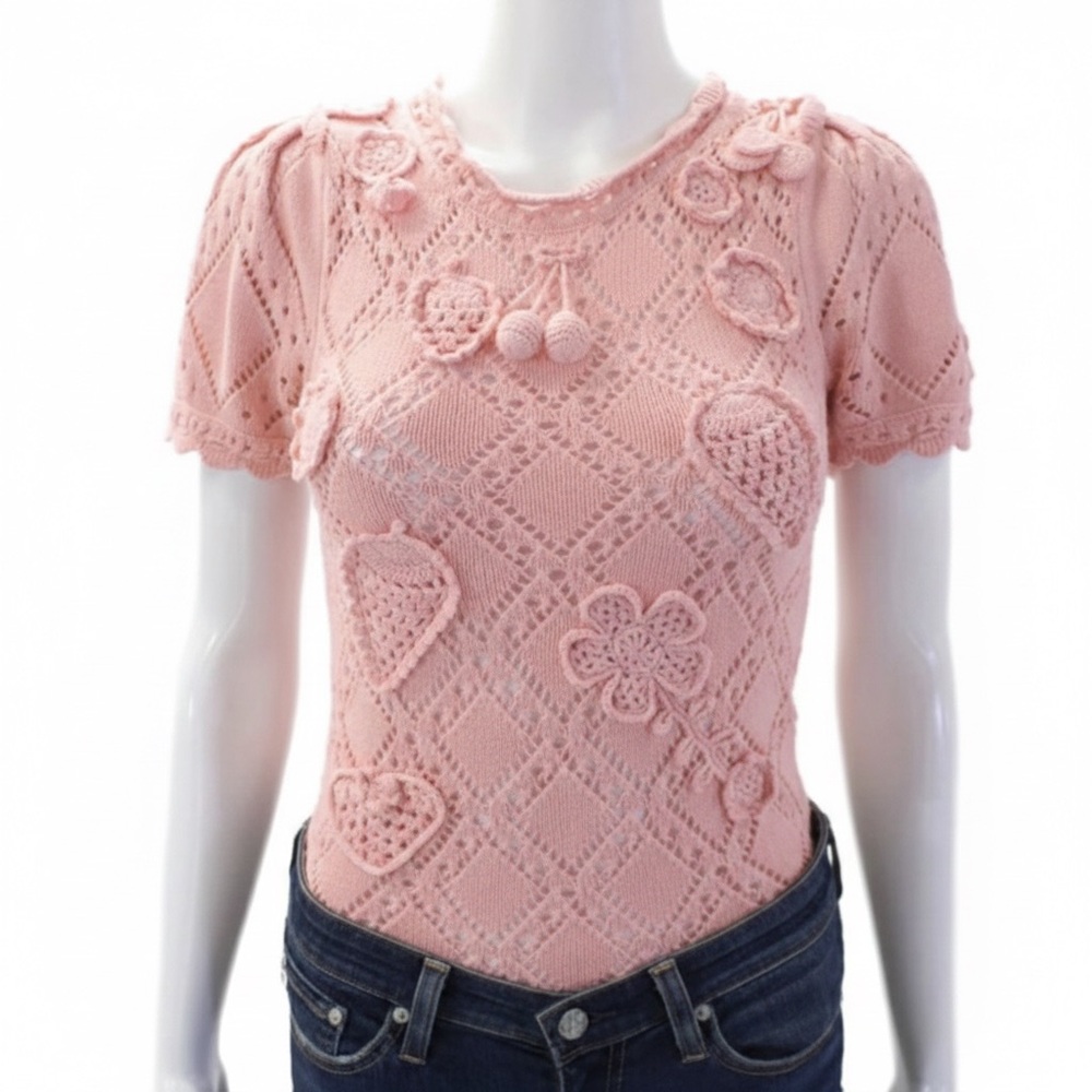 Love Shack Fancy Women's Short Sleeves Ruffle Knit Bodysuit Pink Size XS